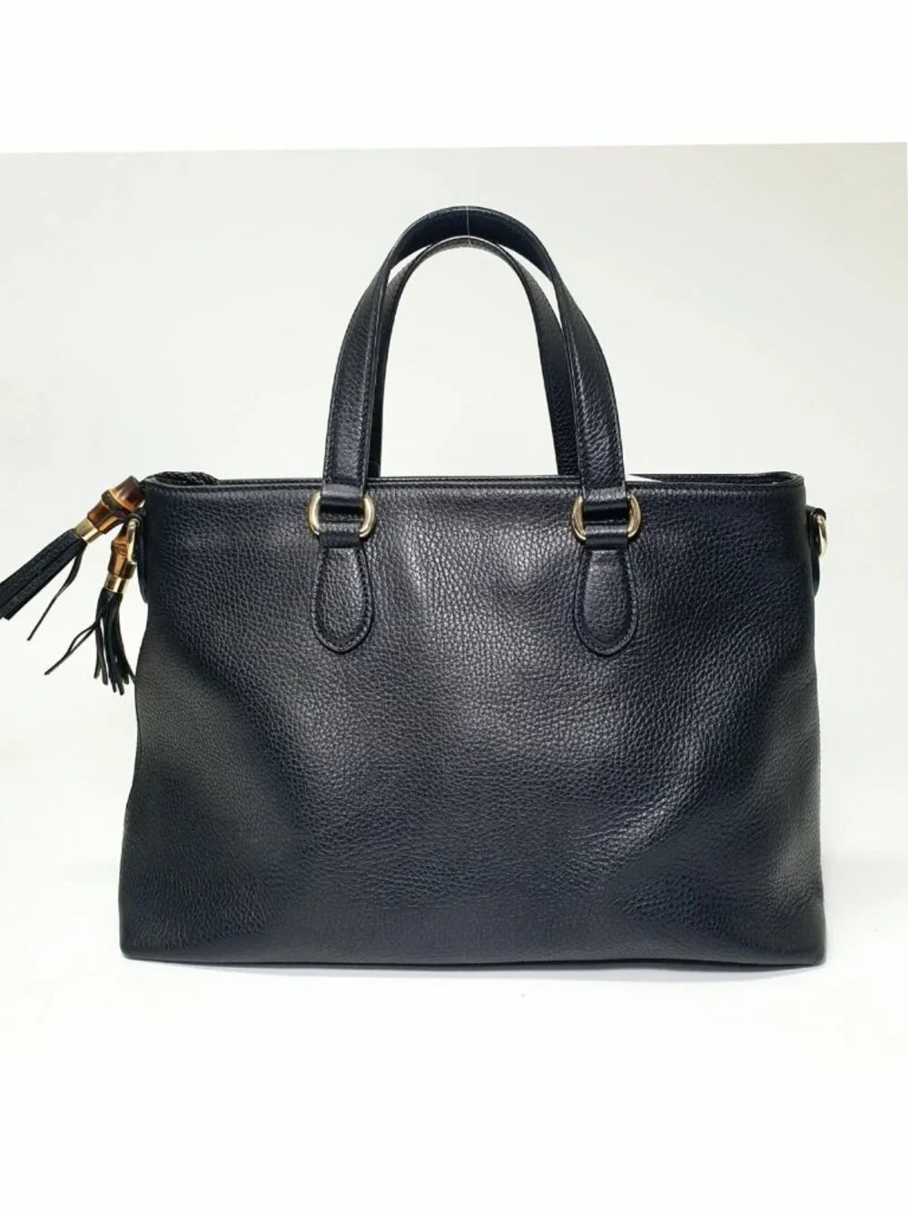 Authentic Gucci Black Leather Tote Bag Bamboo Tassel Crossbody Satchel Gold Hard - Picture 2 of 12